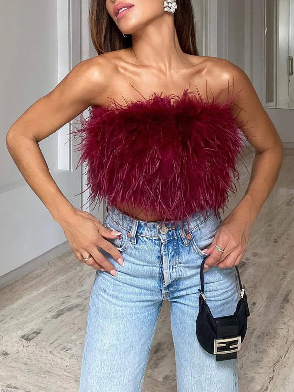 Boho Bandeau Top with Feather Detail – Luna-Dark red-S-State of Style