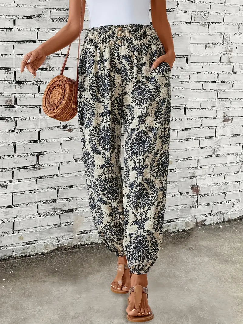 Boho-Chic Ladies Trousers with Graphic Print – Solara-S-Beige-State of Style