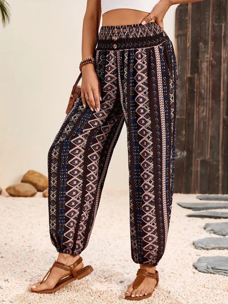 Boho-Chic Ladies Trousers with Graphic Print – Solara-S-Black-State of Style