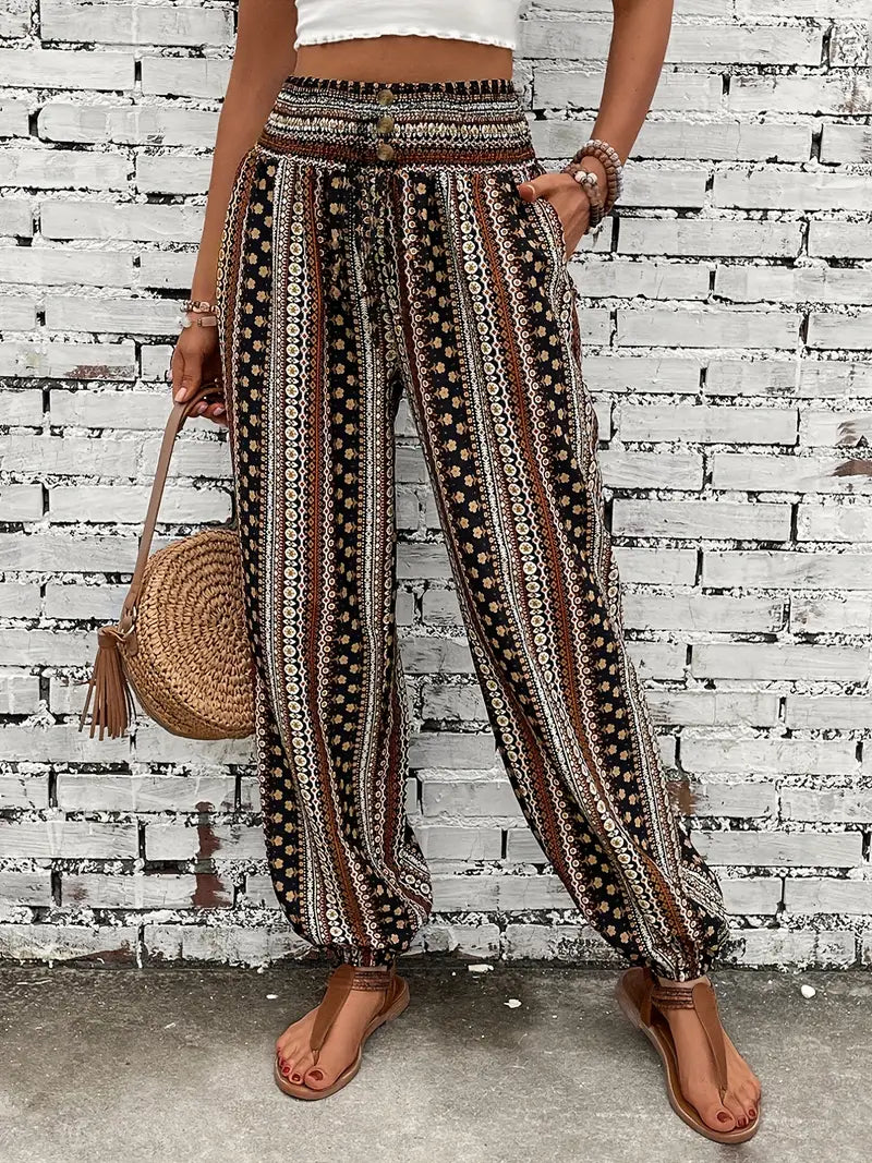 Boho-Chic Ladies Trousers with Graphic Print – Solara-S-Brown-State of Style