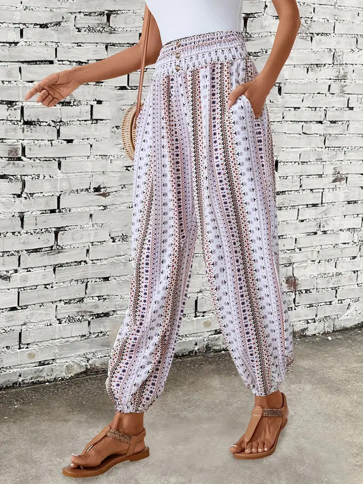 Boho-Chic Ladies Trousers with Graphic Print – Solara-S-White-State of Style