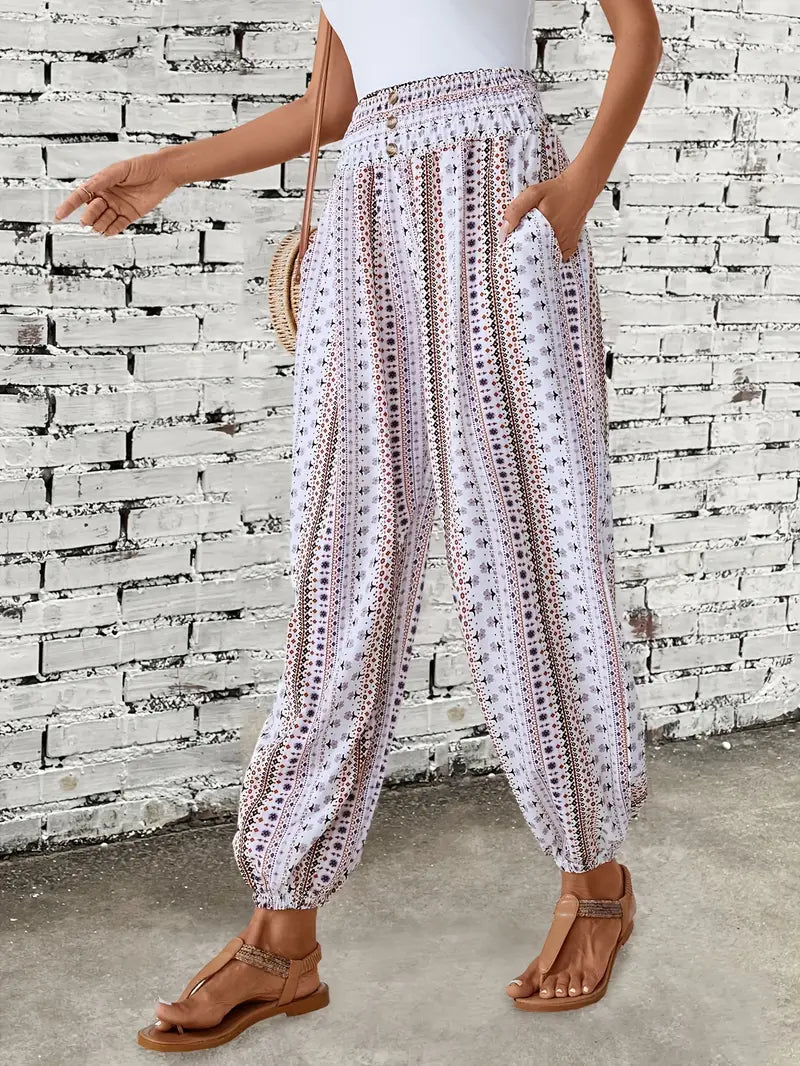Boho-Chic Ladies Trousers with Graphic Print – Solara-S-White-State of Style