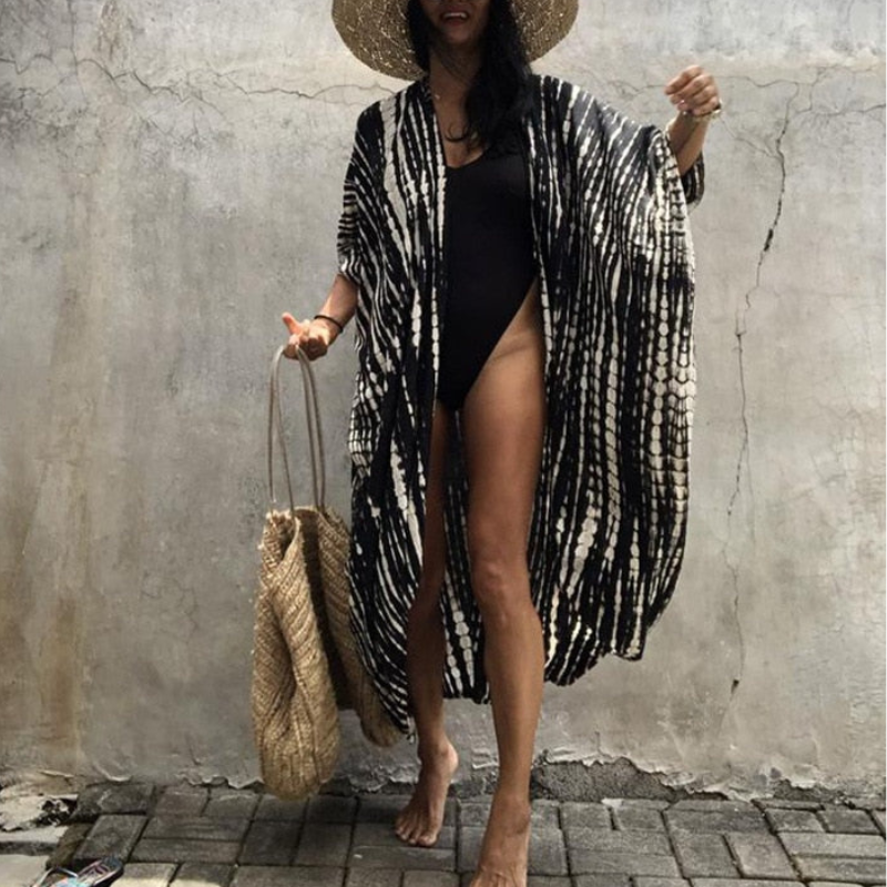 Boho Chiffon Beach Blouse with Kimono Sleeves – Ziva-Black-State of Style