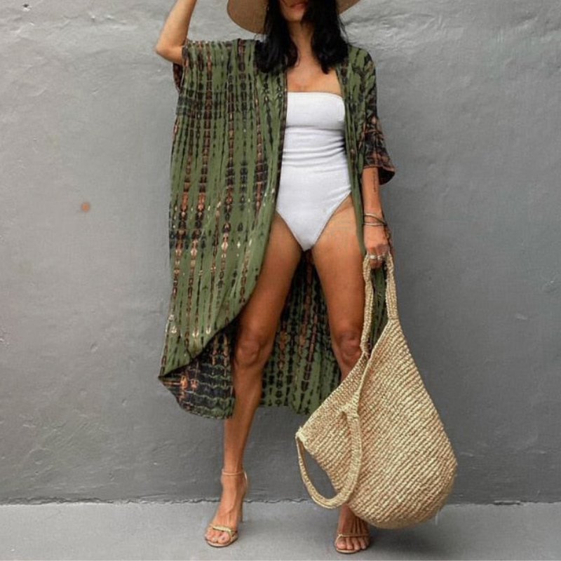 Boho Chiffon Beach Blouse with Kimono Sleeves – Ziva-Green-State of Style