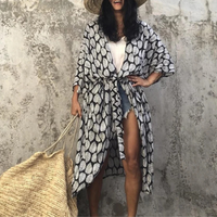 Boho Chiffon Beach Blouse with Kimono Sleeves – Ziva-White Leaves-State of Style