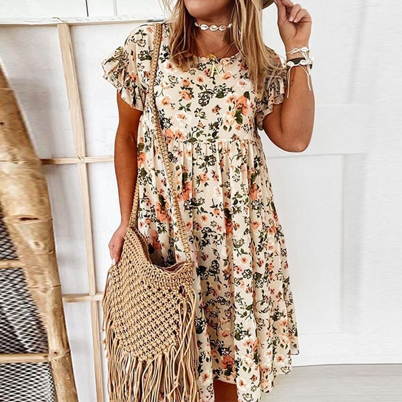 Boho floral dress with ruffles and fitted waist – Calista-Beige-S-State of Style
