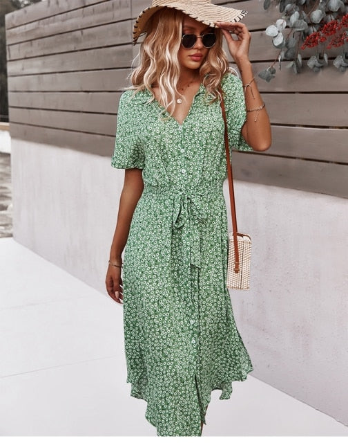 Boho Flower Midi Dress - Isla-Green-S-State of Style