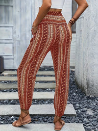 Boho High-Waist Women's Trousers with Print & Smocked Waistband – Linara-Dark brown-S-State of Style