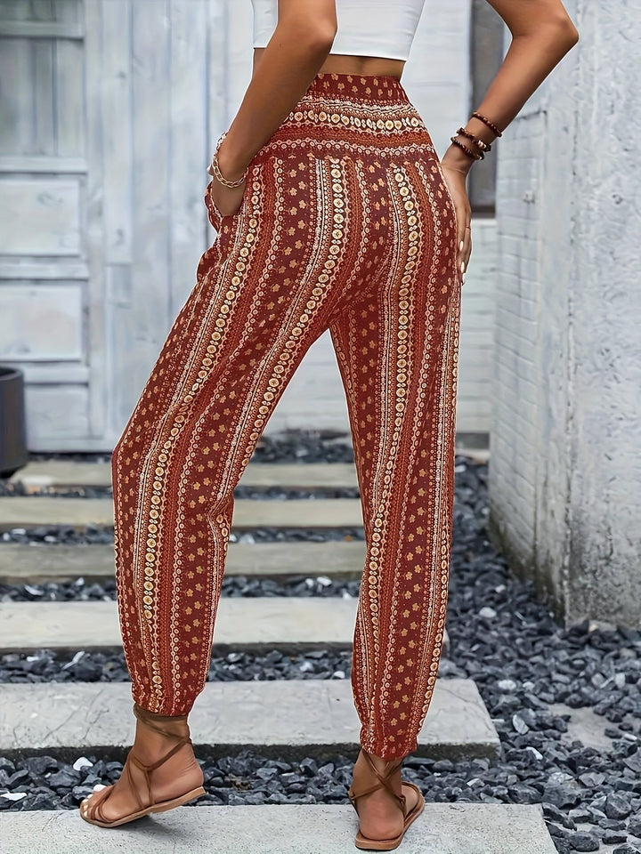 Boho High-Waist Women's Trousers with Print & Smocked Waistband – Linara-Dark brown-S-State of Style