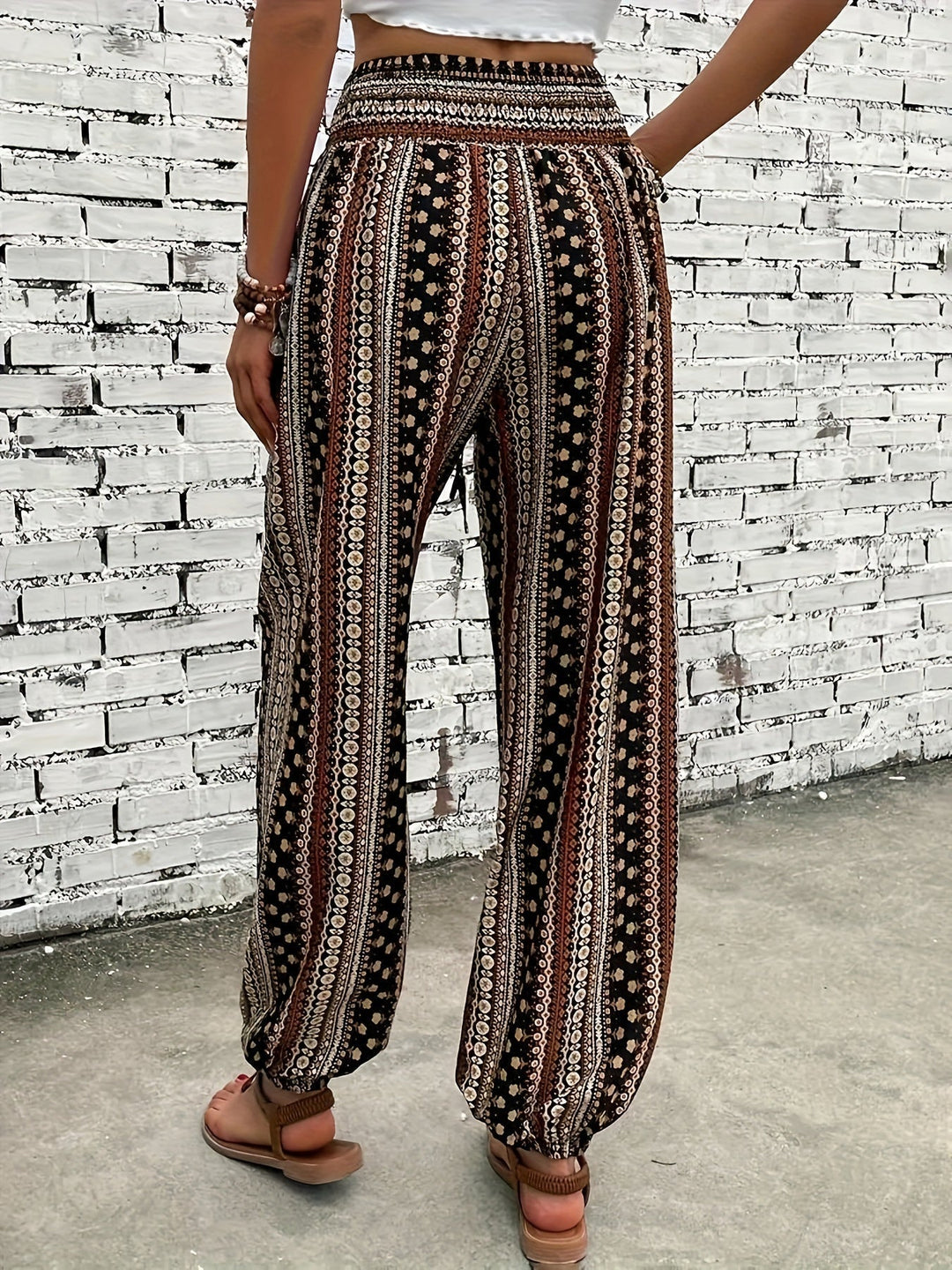 Boho High-Waist Women's Trousers with Print & Smocked Waistband – Linara-Dark brown-S-State of Style