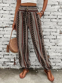 Boho High-Waist Women's Trousers with Print & Smocked Waistband – Linara-Dark brown-S-State of Style