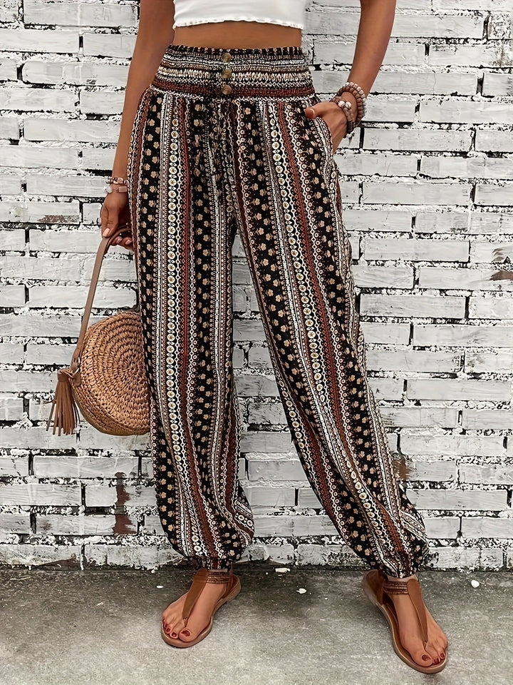 Boho High-Waist Women's Trousers with Print & Smocked Waistband – Linara-Dark brown-S-State of Style