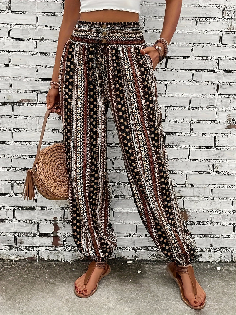 Boho High-Waist Women's Trousers with Print & Smocked Waistband – Linara-Dark brown-S-State of Style