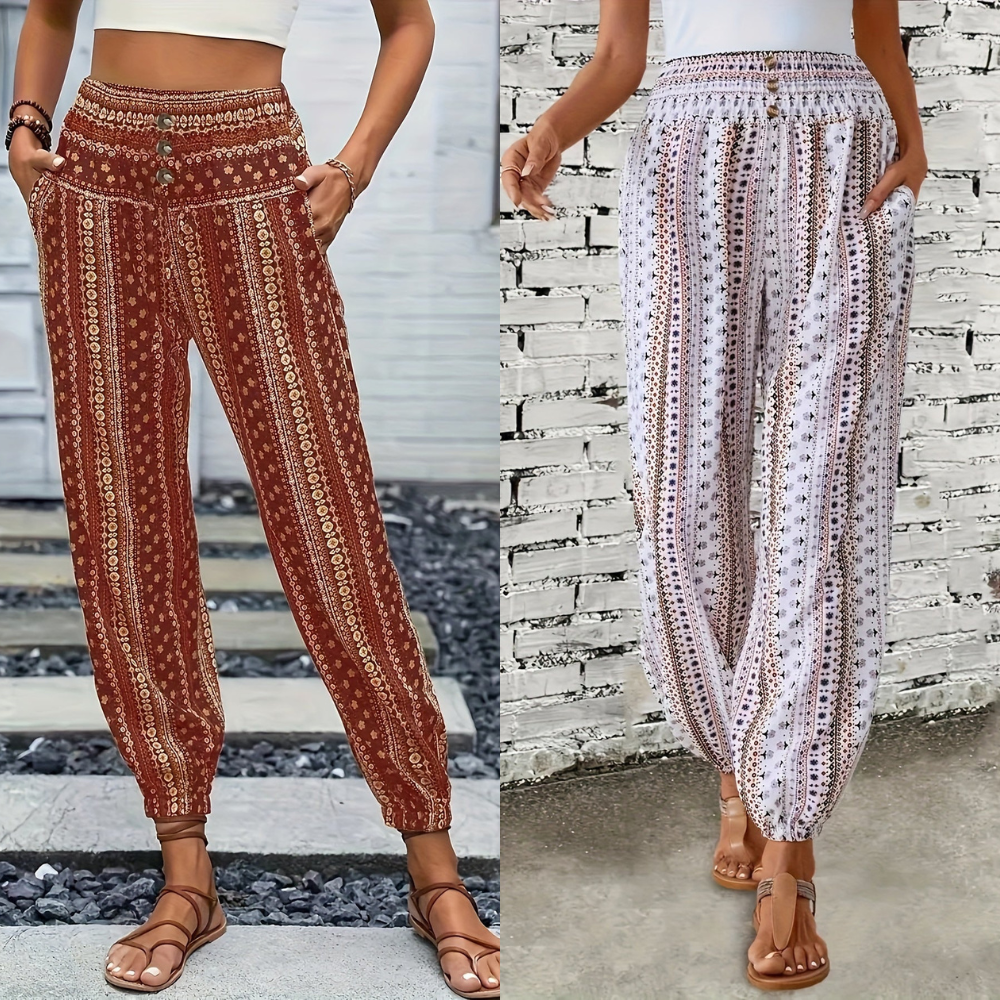 Boho High-Waist Women's Trousers with Print & Smocked Waistband – Linara-Dark brown-S-State of Style