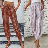 Boho High-Waist Women's Trousers with Print & Smocked Waistband – Linara-Dark brown-S-State of Style