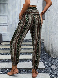 Boho High-Waist Women's Trousers with Print & Smocked Waistband – Linara-Dark brown-S-State of Style