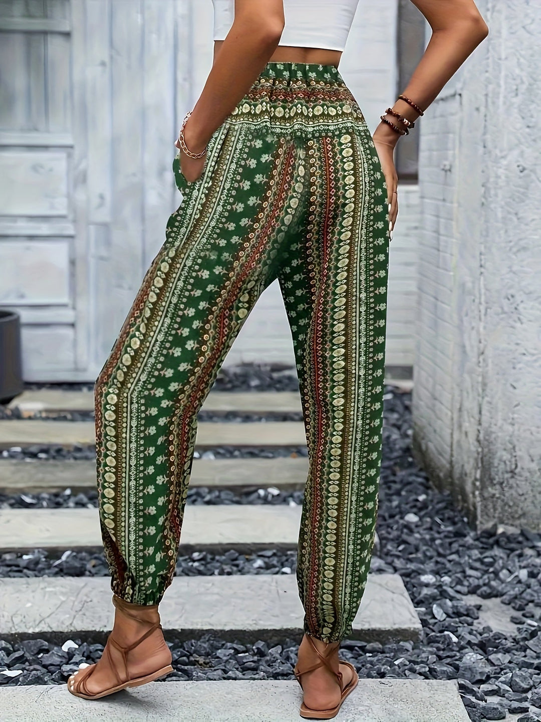 Boho High-Waist Women's Trousers with Print & Smocked Waistband – Linara-Dark brown-S-State of Style