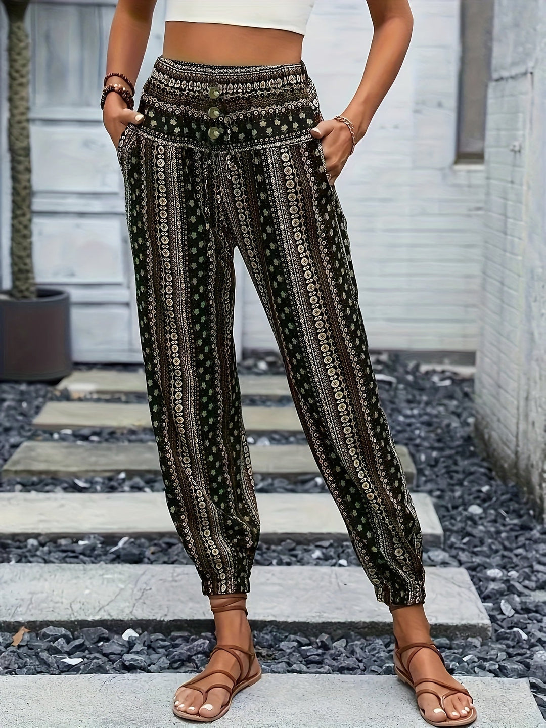 Boho High-Waist Women's Trousers with Print & Smocked Waistband – Linara-Dark green-S-State of Style