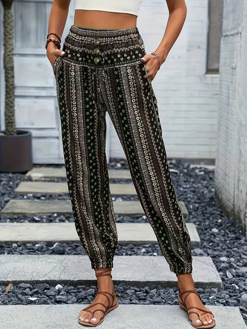 Boho High-Waist Women's Trousers with Print & Smocked Waistband – Linara-Dark green-S-State of Style