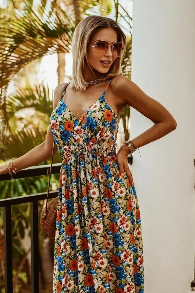 Boho maxi dress with floral pattern for summer - Yara-Orange-Blue-S-State of Style