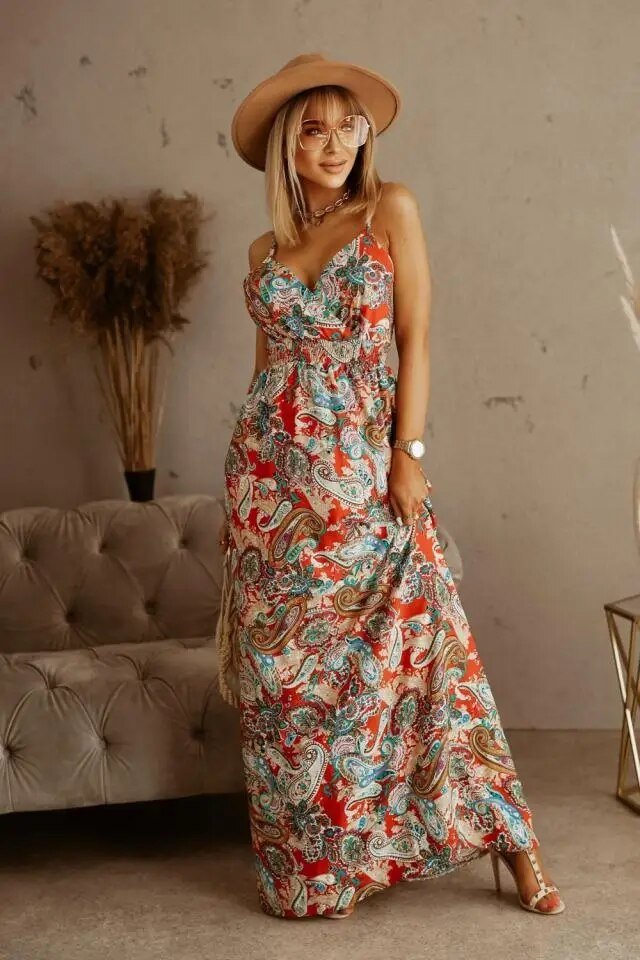 Boho maxi dress with floral pattern for summer - Yara-Orange-S-State of Style