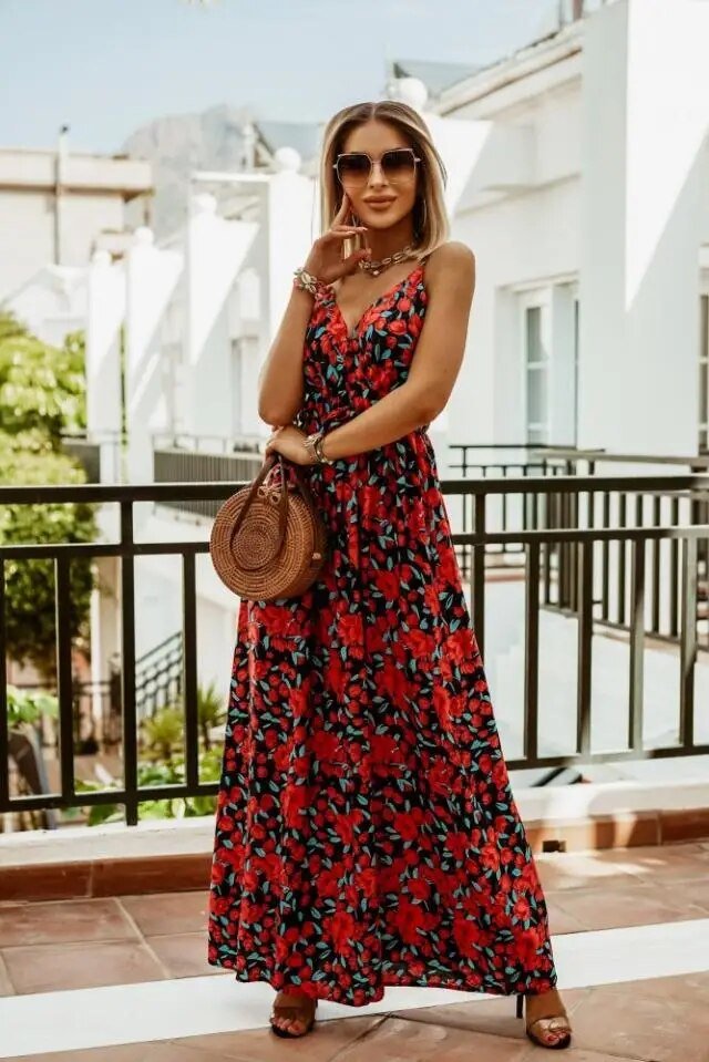 Boho maxi dress with floral pattern for summer - Yara-Red-S-State of Style