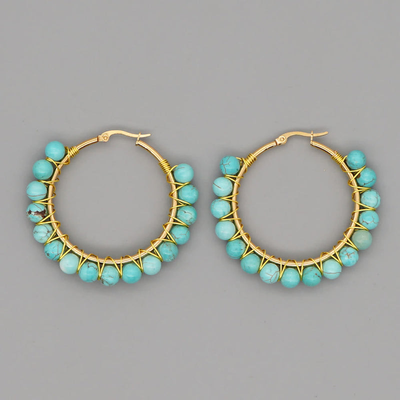 Boho Natural Crystal Large Hoop Earrings - Sanne-Green Turquoise-State of Style