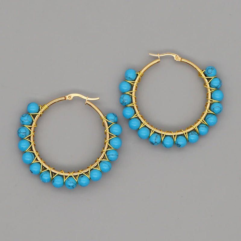 Boho Natural Crystals Large Hoop Earrings - Sanne-Blue Turquoise-State of Style