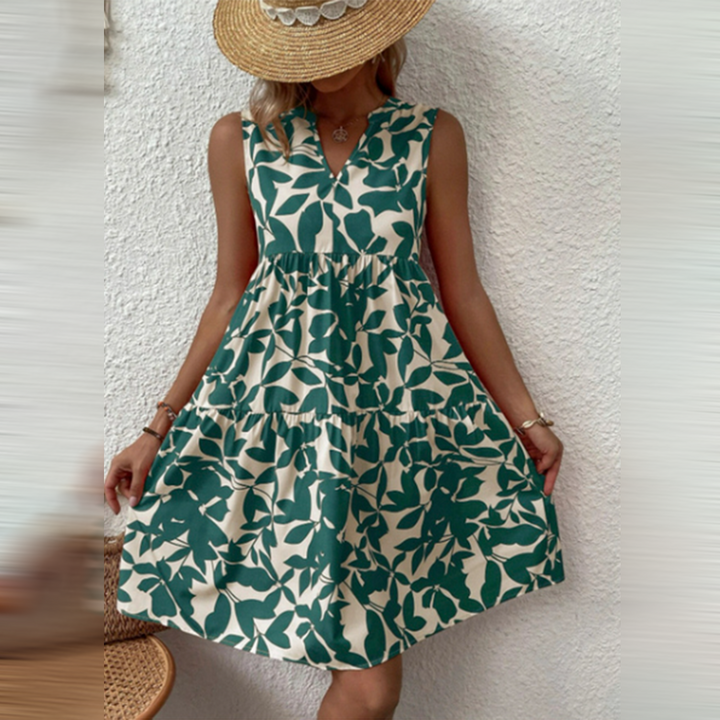 Boho Summer Dress with Print and V-neck – Yalina-Green-S-State of Style