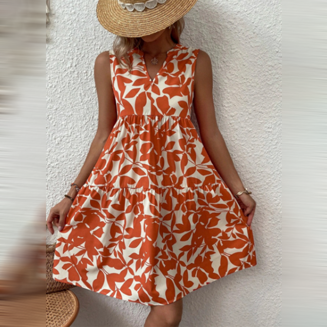 Boho Summer Dress with Print and V-neck – Yalina-Orange-S-State of Style