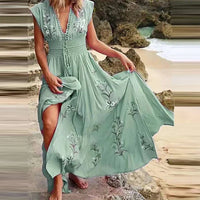 Boho summer midi dress with V-neck and airy cut – Talia-Light green-S-State of Style