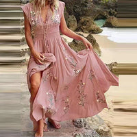 Boho summer midi dress with V-neck and airy cut – Talia-Pink-S-State of Style