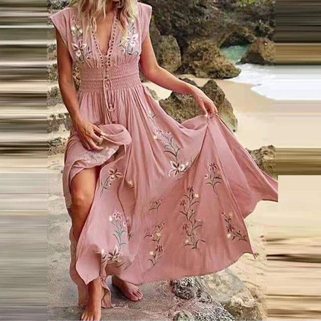 Boho summer midi dress with V-neck and airy cut – Talia-Pink-S-State of Style