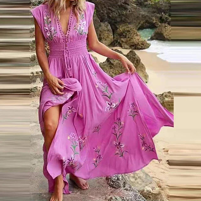 Boho summer midi dress with V-neck and airy cut – Talia-Pink with floral print-S-State of Style