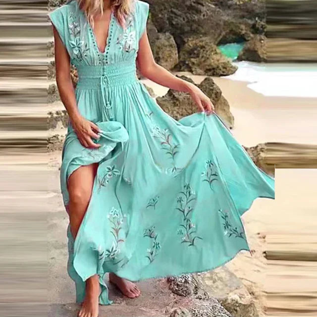 Boho summer midi dress with V-neck and airy cut – Talia-Sky blue-S-State of Style