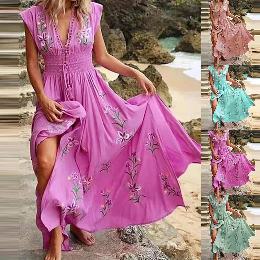 Boho summer midi dress with V-neck and airy cut – Talia-Sky blue-S-State of Style