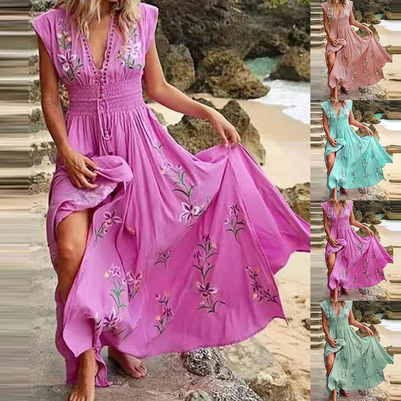 Boho summer midi dress with V-neck and airy cut – Talia-Sky blue-S-State of Style