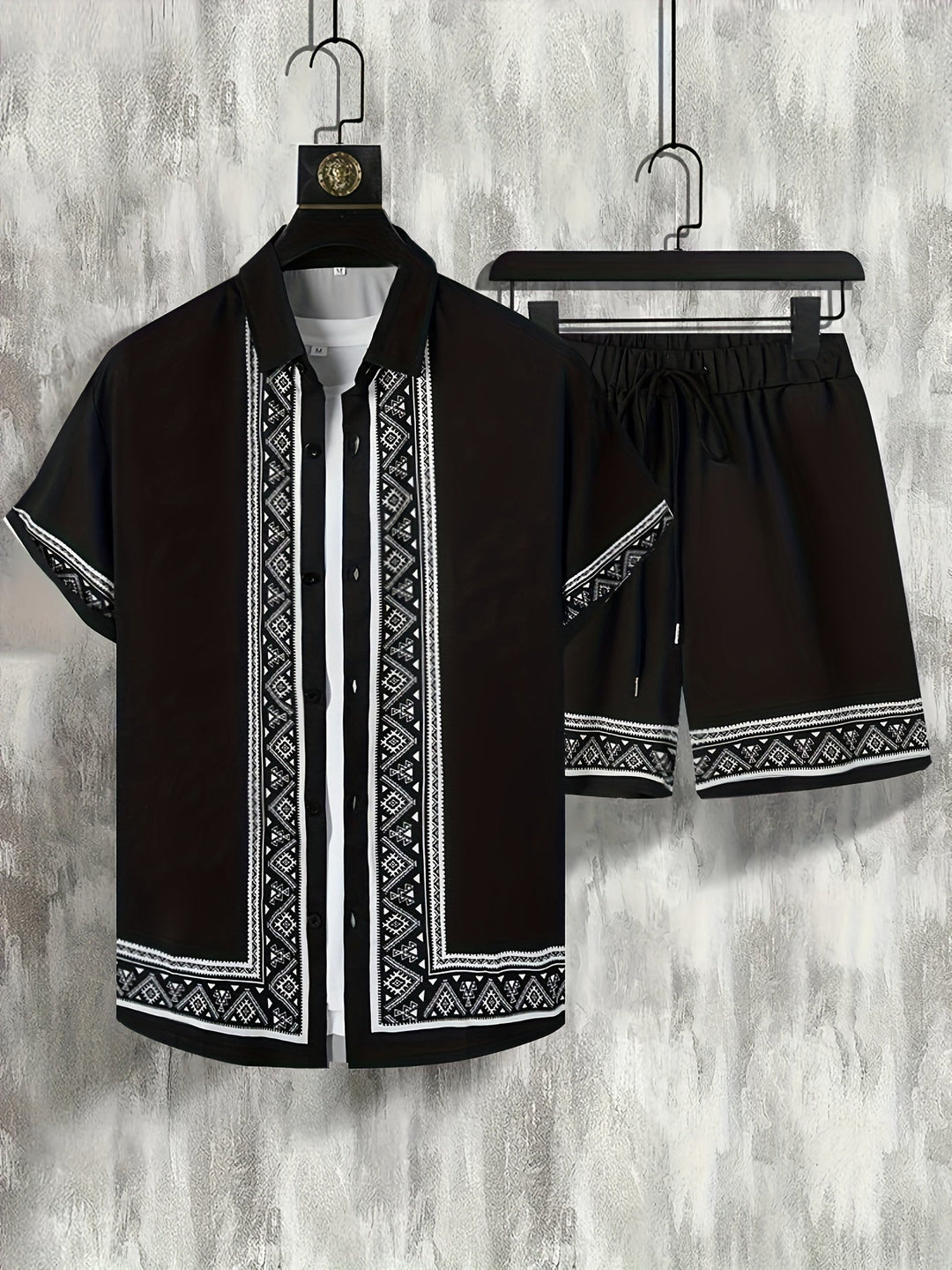 Boho Summer Set Men Two-Piece Shirt and Shorts Relaxed - Malik-Black-M(48)-State of Style