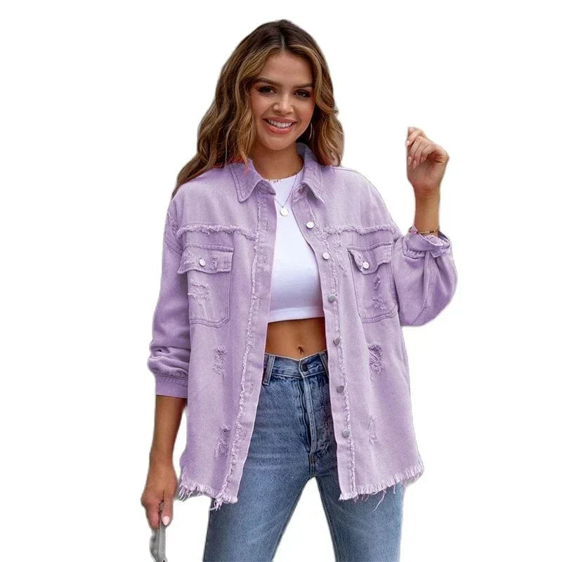 Boho women's denim jacket with Ibiza flair & slim fit for spring/summer – Yara-Black-S-State of Style