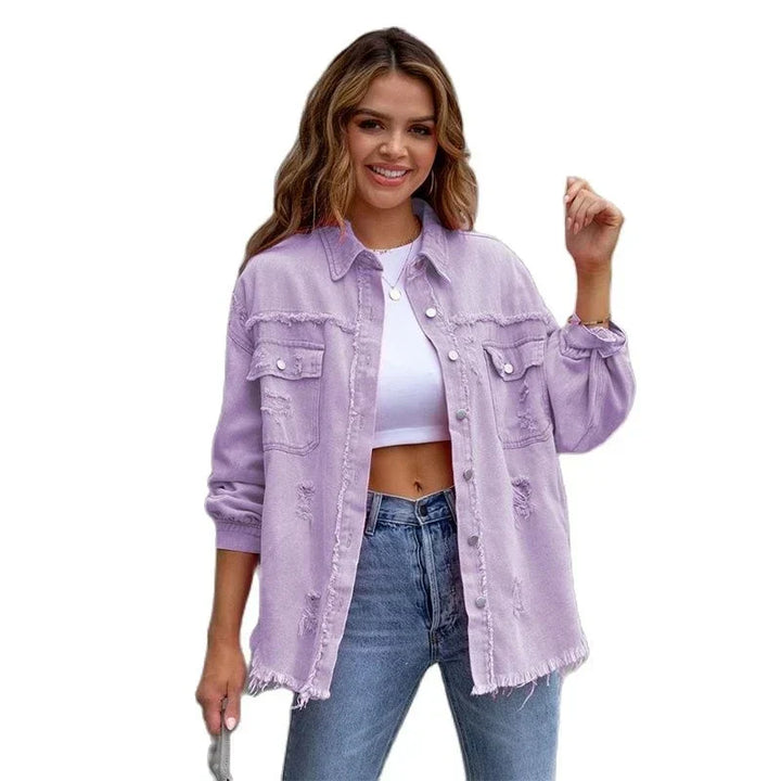 Boho women's denim jacket with Ibiza flair & slim fit for spring/summer – Yara-Black-S-State of Style