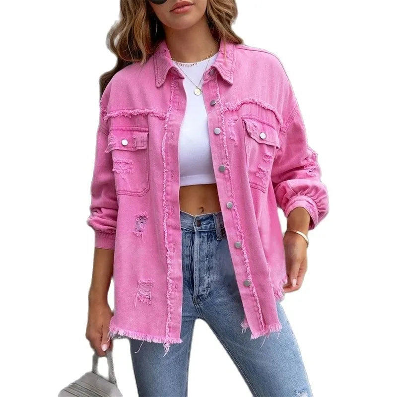 Boho women's denim jacket with Ibiza flair & slim fit for spring/summer – Yara-Black-S-State of Style