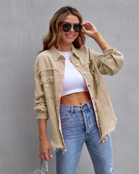 Boho women's denim jacket with Ibiza flair & slim fit for spring/summer – Yara-Khaki-S-State of Style