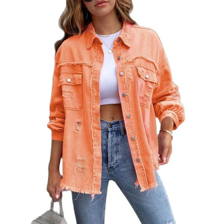 Boho women's denim jacket with Ibiza flair & slim fit for spring/summer – Yara-Orange-S-State of Style