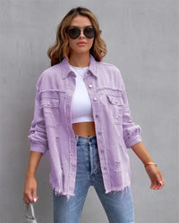Boho women's denim jacket with Ibiza flair & slim fit for spring/summer – Yara-Purple-S-State of Style