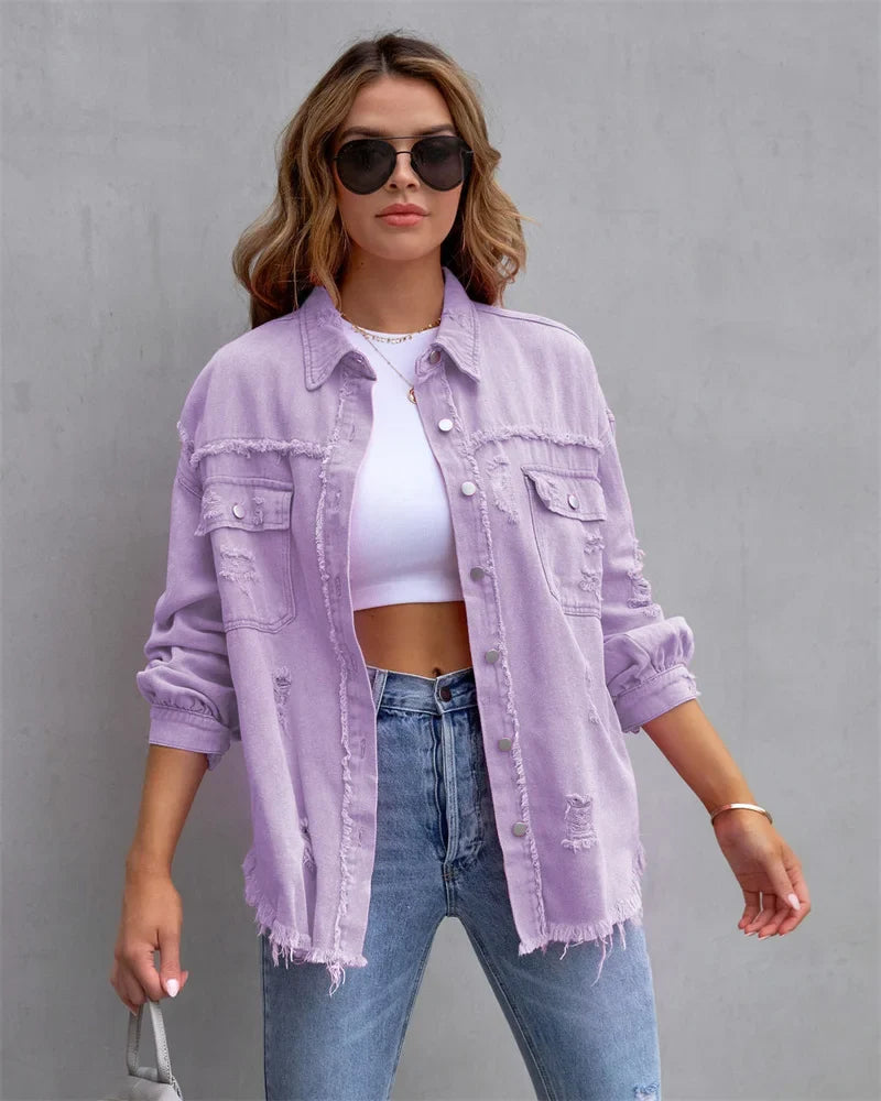 Boho women's denim jacket with Ibiza flair & slim fit for spring/summer – Yara-Purple-S-State of Style
