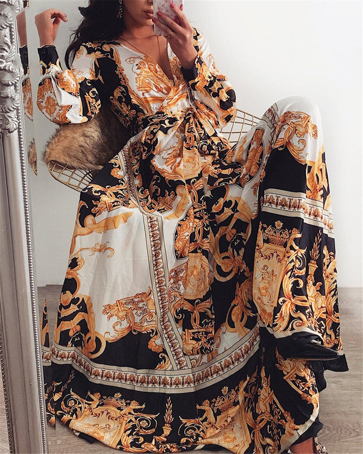 Boho Wrap Summer Dress with Slit and Long Sleeves-Orange Black-S-State of Style