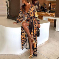 Boho Wrap Summer Dress with Slit and Long Sleeves-Orange Black-S-State of Style