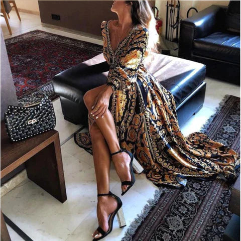 Boho Wrap Summer Dress with Slit and Long Sleeves-Orange Black-S-State of Style