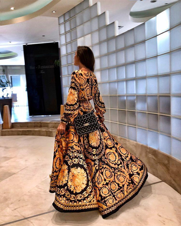 Boho Wrap Summer Dress with Slit and Long Sleeves-Orange Black-S-State of Style