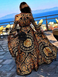 Boho Wrap Summer Dress with Slit and Long Sleeves-Orange Black-S-State of Style